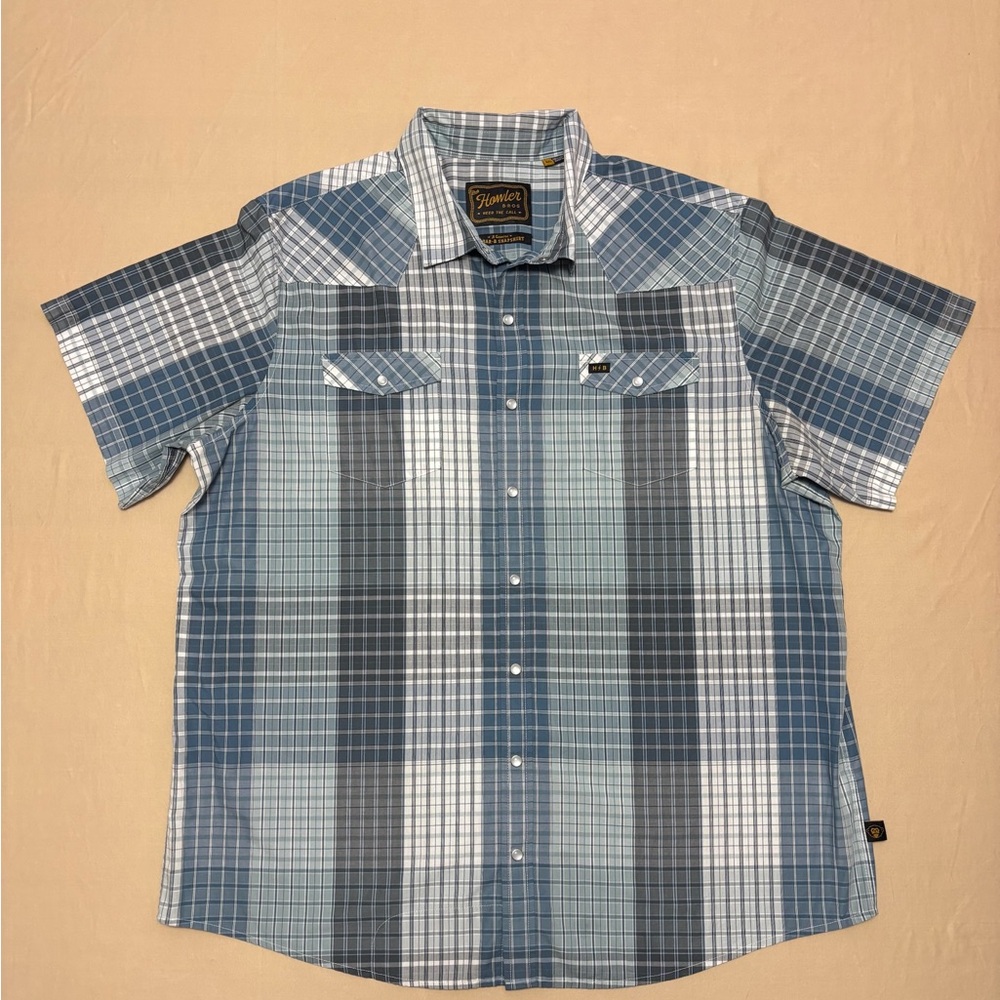 Howler Brothers Men’s H Bar B Blue Plaid Pearl Snap Short-Sleeve Shirt Size XXL